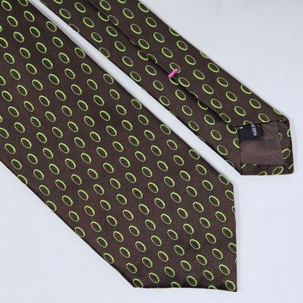 TAILORBYRD HANDMADE ITALY SILK TIE BROWN GREEN OLIVE FOULARD SATIN 3.5" X 58"